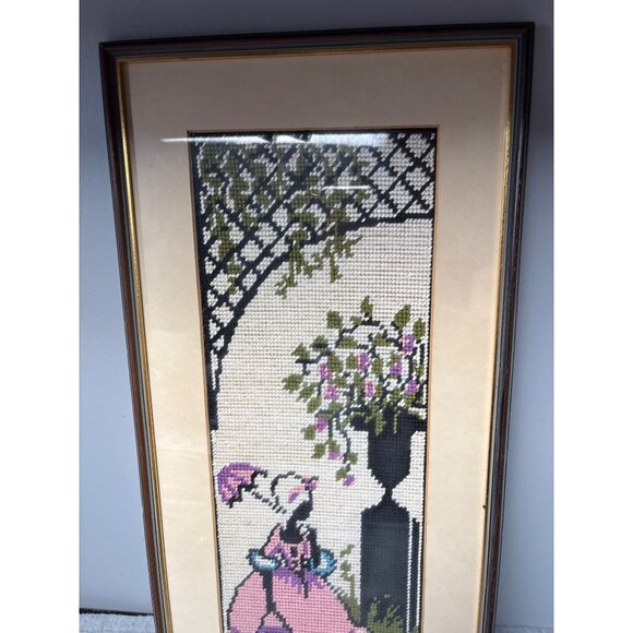 Vintage Framed Needlepoint Art of Victorian Lady 9.5" x 20" 1950s - Picture 7 of 10